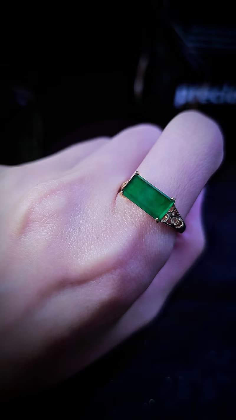 招財|無事牌|A貨翡翠老坑種冰玻辣綠無事牌12mm純銀鍍金男戒戒