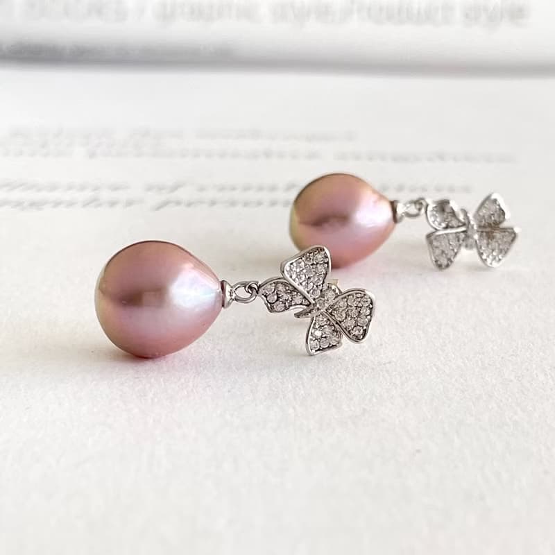 大粒 淡水真珠 モーヴカラー エジソンパール リボンのピアス silver925