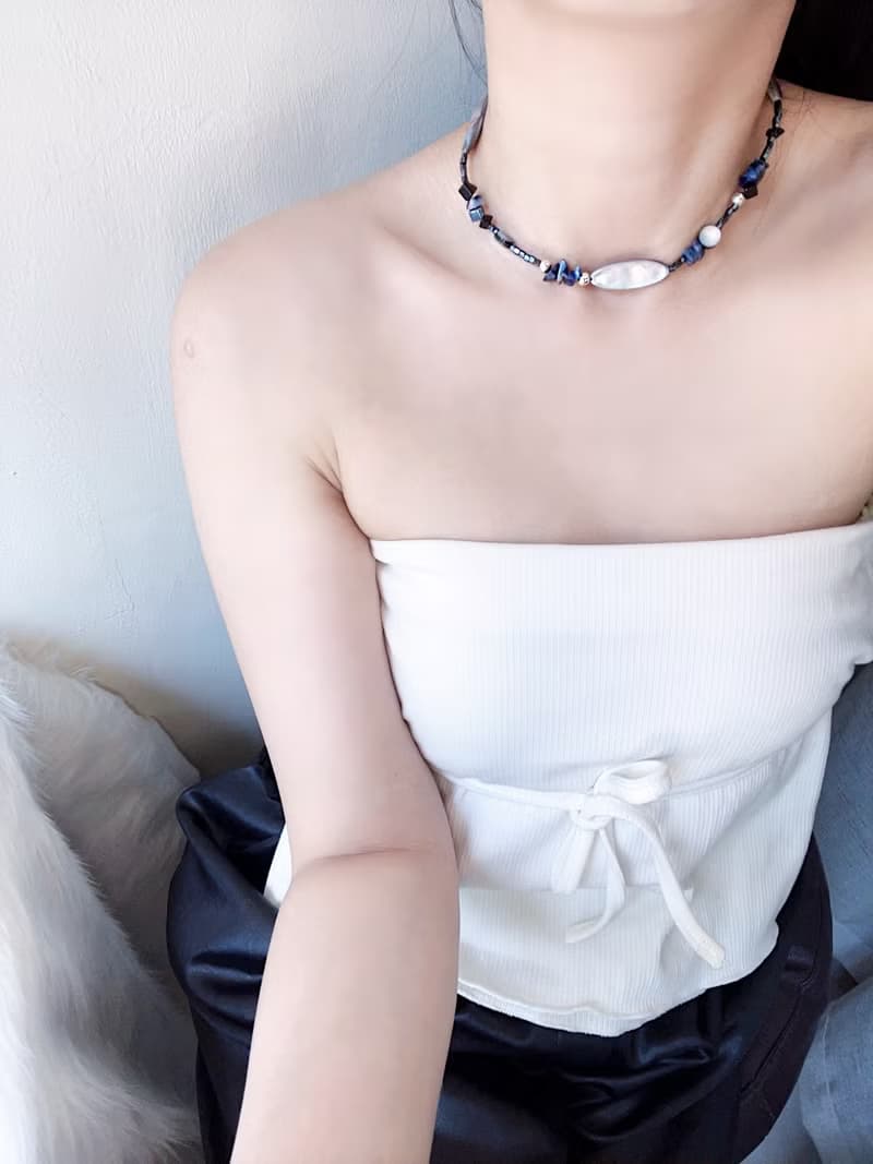 深藍平靜之海 天然灰紫色貝殼x蘇打石x黑瑪瑙 原創手作小眾項鏈