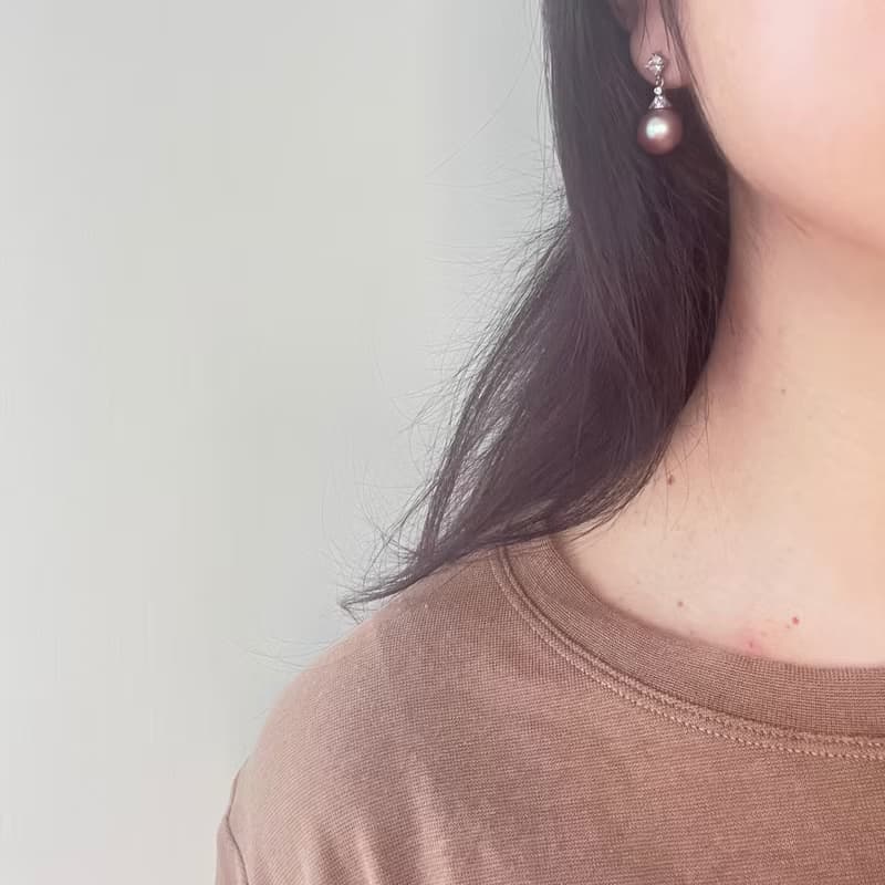 復古設計天然絢彩紫色圓形珍珠耳環