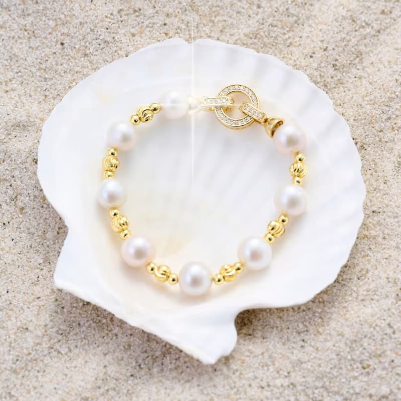大顆天然白色愛迪生珍珠手鍊 10–11mm 金色鑲鑽圓扣 奢華閃耀 聖