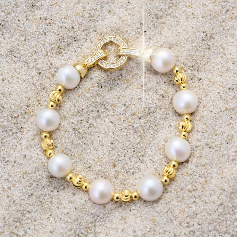 大顆天然白色愛迪生珍珠手鍊 10–11mm 金色鑲鑽圓扣 奢華閃耀 聖