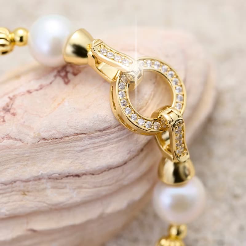 大顆天然白色愛迪生珍珠手鍊 10–11mm 金色鑲鑽圓扣 奢華閃耀 聖