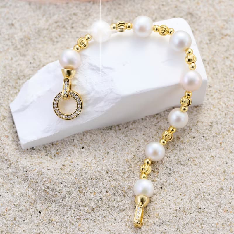 大顆天然白色愛迪生珍珠手鍊 10–11mm 金色鑲鑽圓扣 奢華閃耀 聖