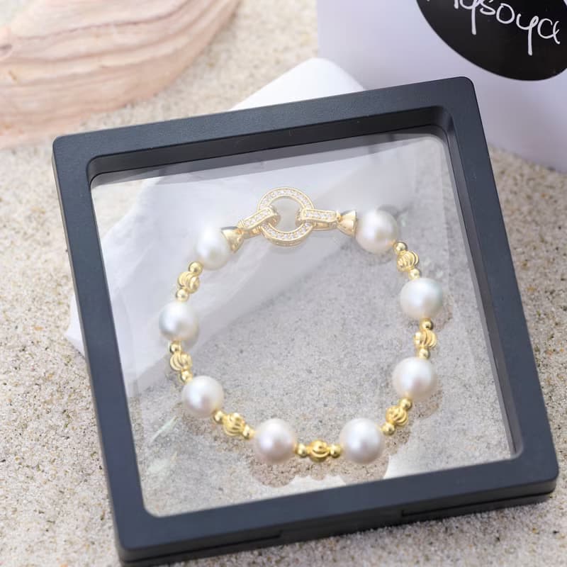 大顆天然白色愛迪生珍珠手鍊 10–11mm 金色鑲鑽圓扣 奢華閃耀 聖