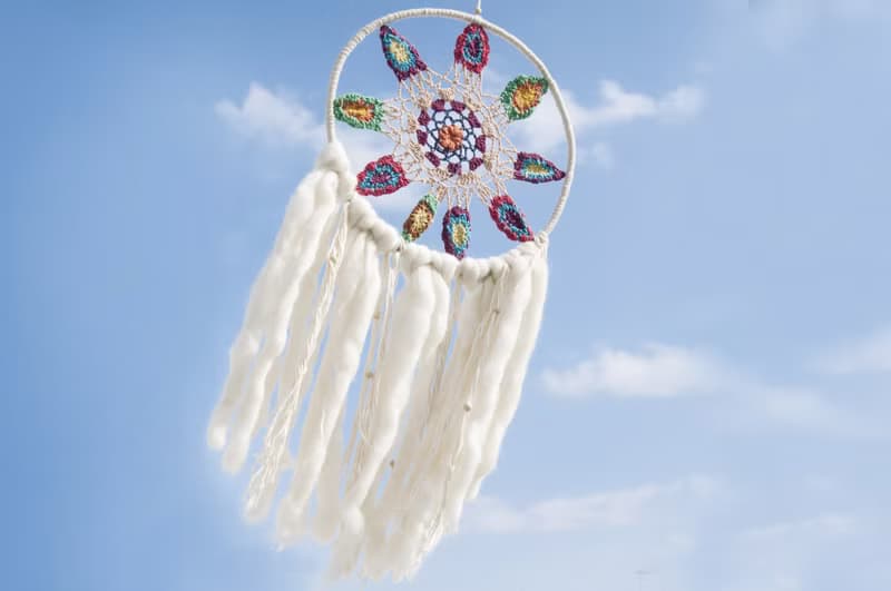 情人節禮物 母親節禮物 生日禮物 民族風 boho 手工編織棉麻彩虹色捕夢網吊飾dream Cather / 手工蕾絲捕夢網- 花朵蕾絲羊毛氈彩虹色系30cm 