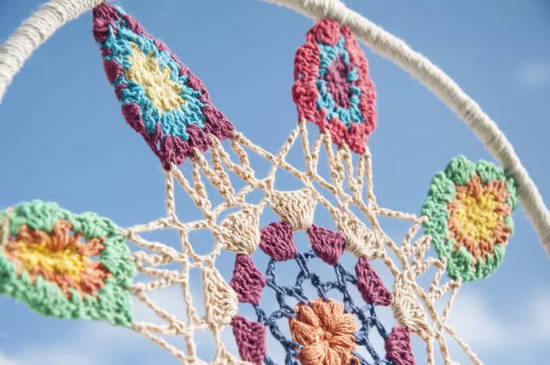 情人節禮物 母親節禮物 生日禮物 民族風 boho 手工編織棉麻彩虹色捕夢網吊飾dream Cather / 手工蕾絲捕夢網- 花朵蕾絲羊毛氈彩虹色系30cm 