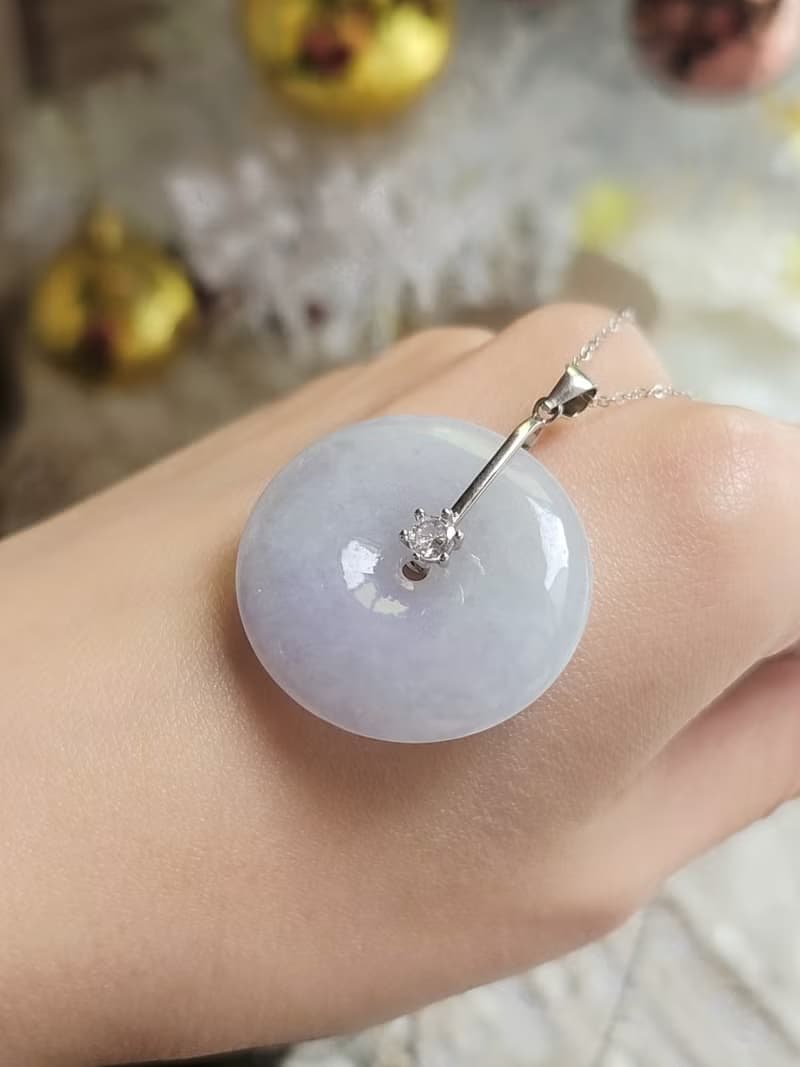 招財•貴人•圓滿•平安|淡春彩紫平安扣|緬甸A貨翡翠扣純銀吊墜