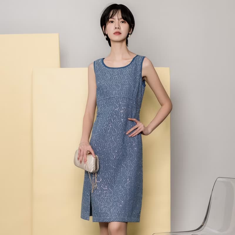 【MEDUSA】亮片牛仔混紡無袖禮服洋裝(M-XL) | 長洋裝 小禮服
