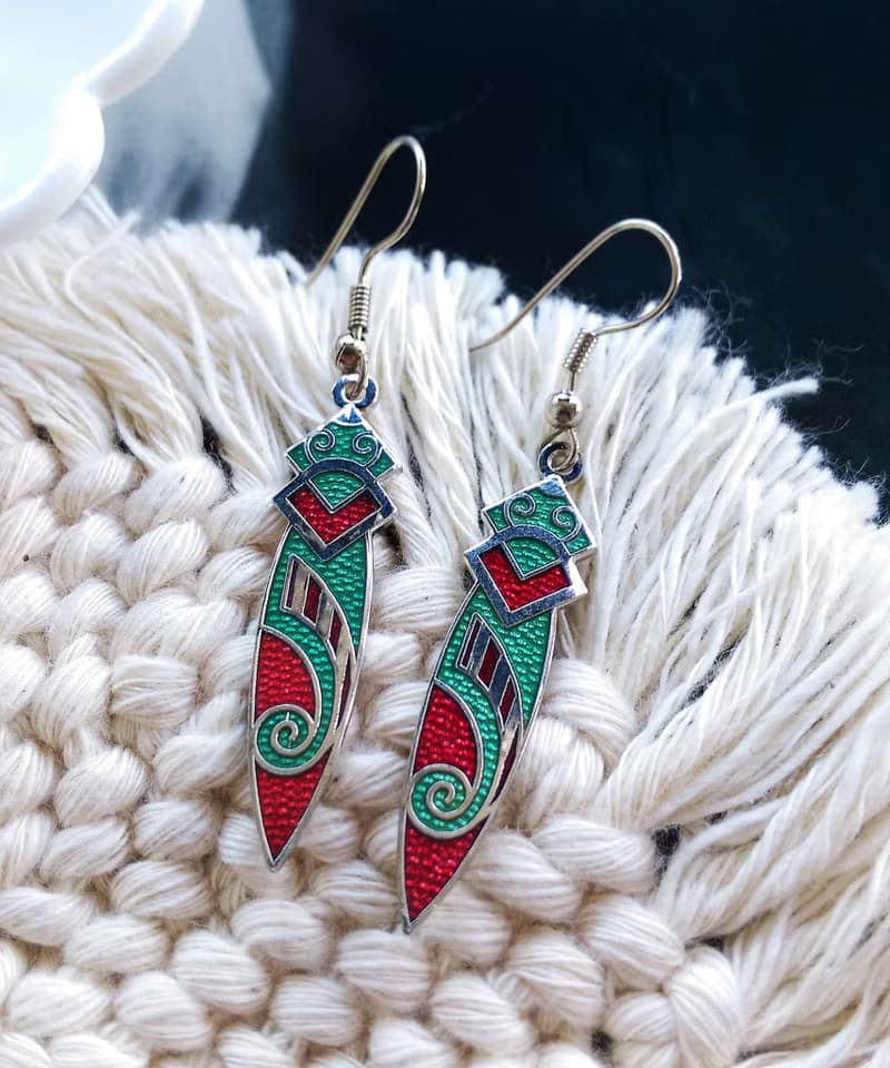 Vintage Jewelry 西洋古董飾品 景泰藍 圖騰紅底 耳勾 針式耳環