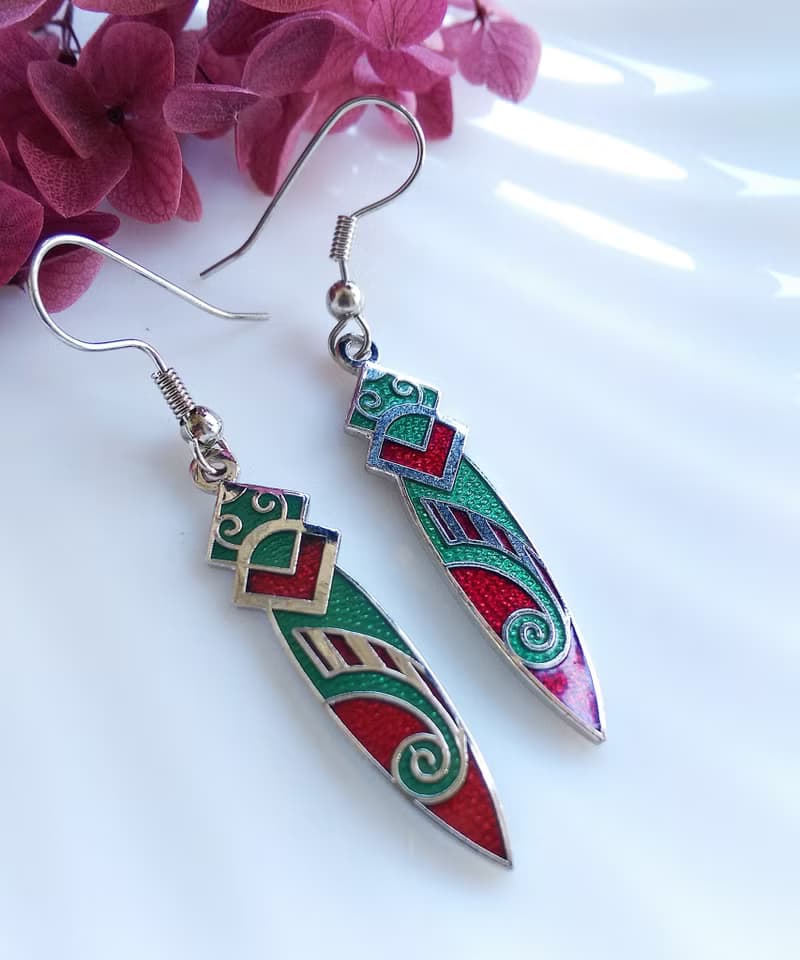 Vintage Jewelry 西洋古董飾品 景泰藍 圖騰紅底 耳勾 針式耳環
