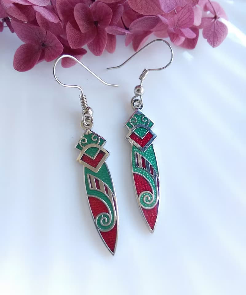 Vintage Jewelry 西洋古董飾品 景泰藍 圖騰紅底 耳勾 針式耳環