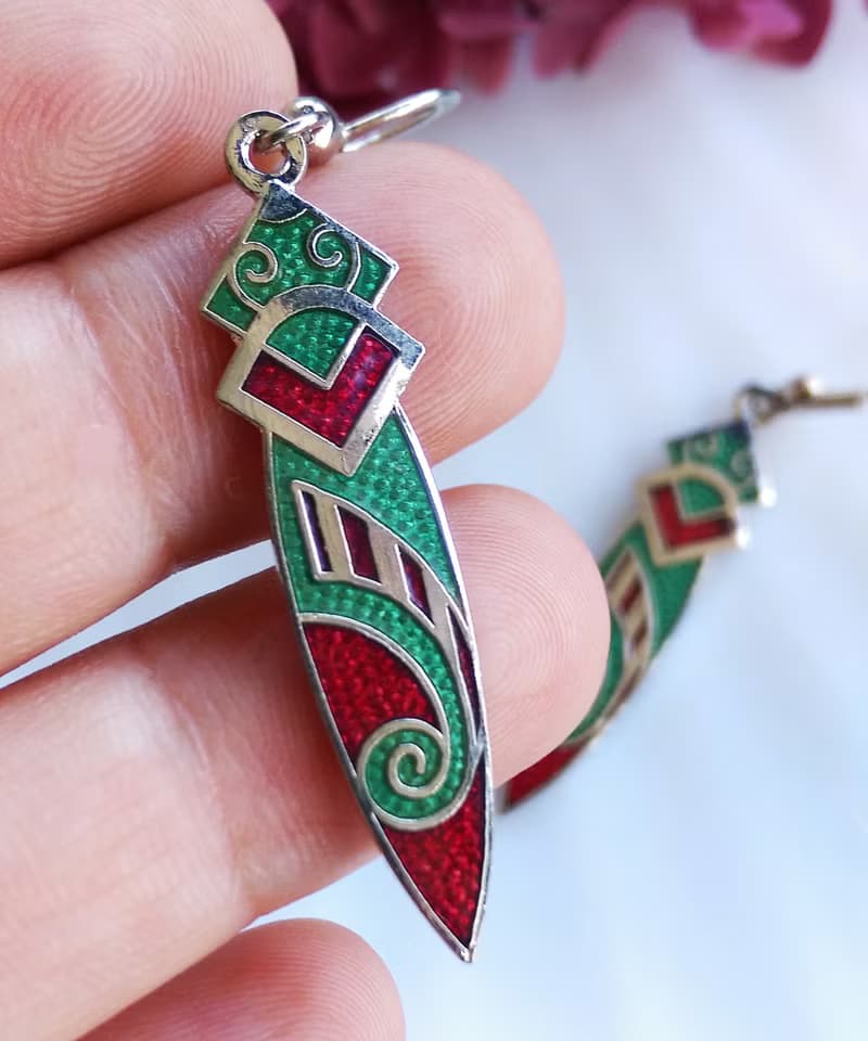Vintage Jewelry 西洋古董飾品 景泰藍 圖騰紅底 耳勾 針式耳環