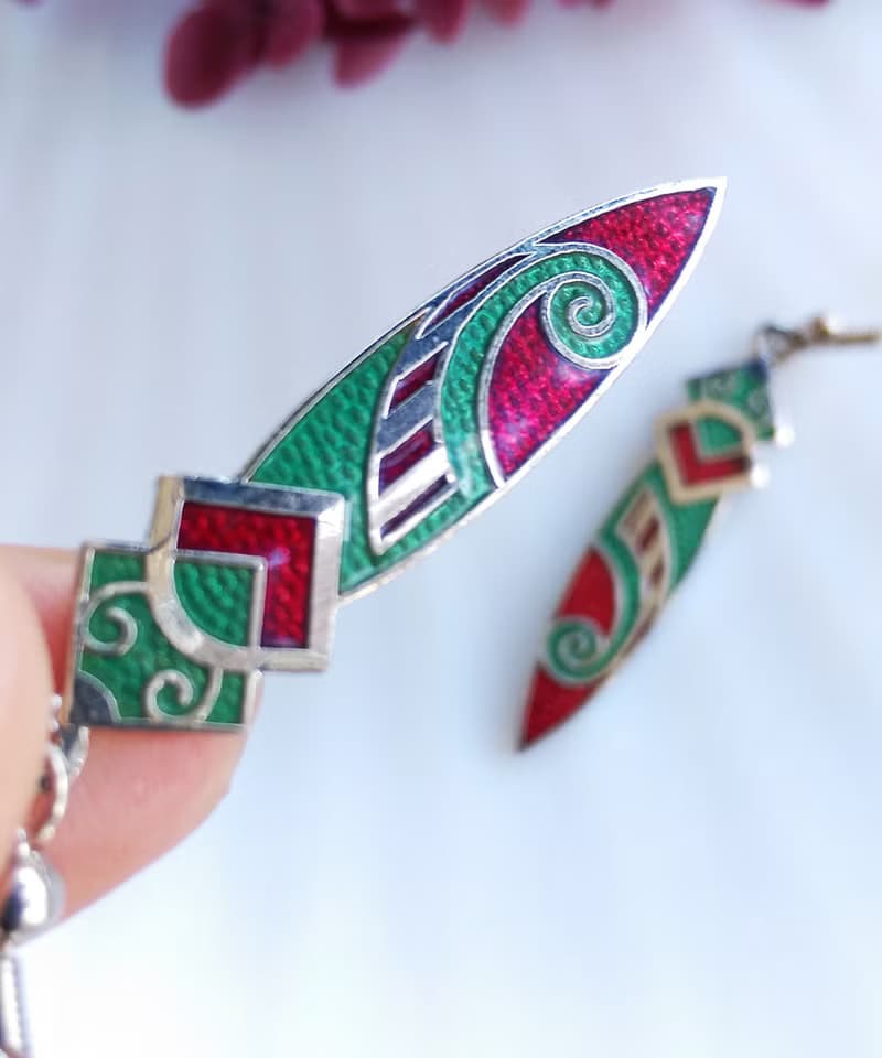 Vintage Jewelry 西洋古董飾品 景泰藍 圖騰紅底 耳勾 針式耳環