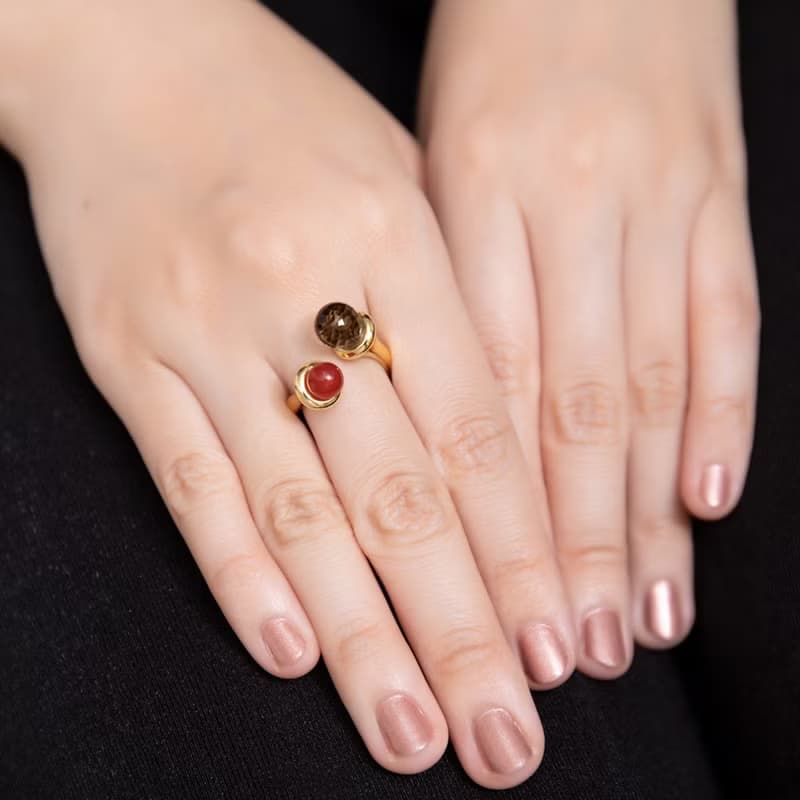 最佳禮物【品牌設計款】紅瑪瑙 茶水晶 扭轉純銀鍍金戒指