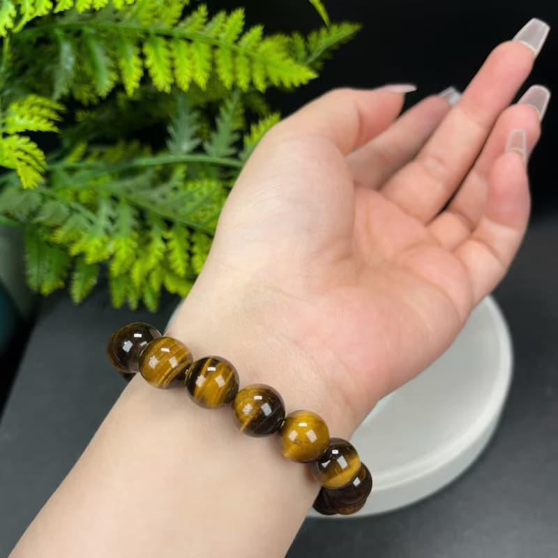 天然黃虎眼石手串12.4mm閃電貓眼招財黃色虎晴石手環能量勇氣信心