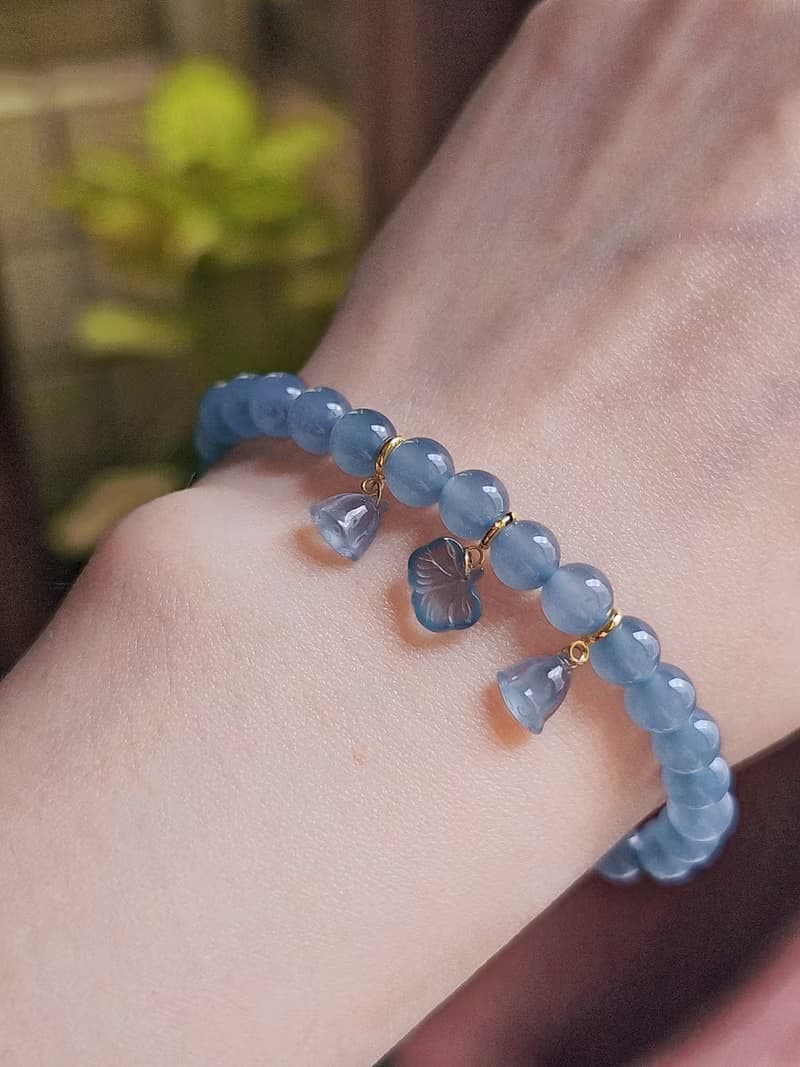 永恆幸運|18k金夢幻高冰玻藍蓮蓬•銀杏葉|A貨翡翠隨意扣