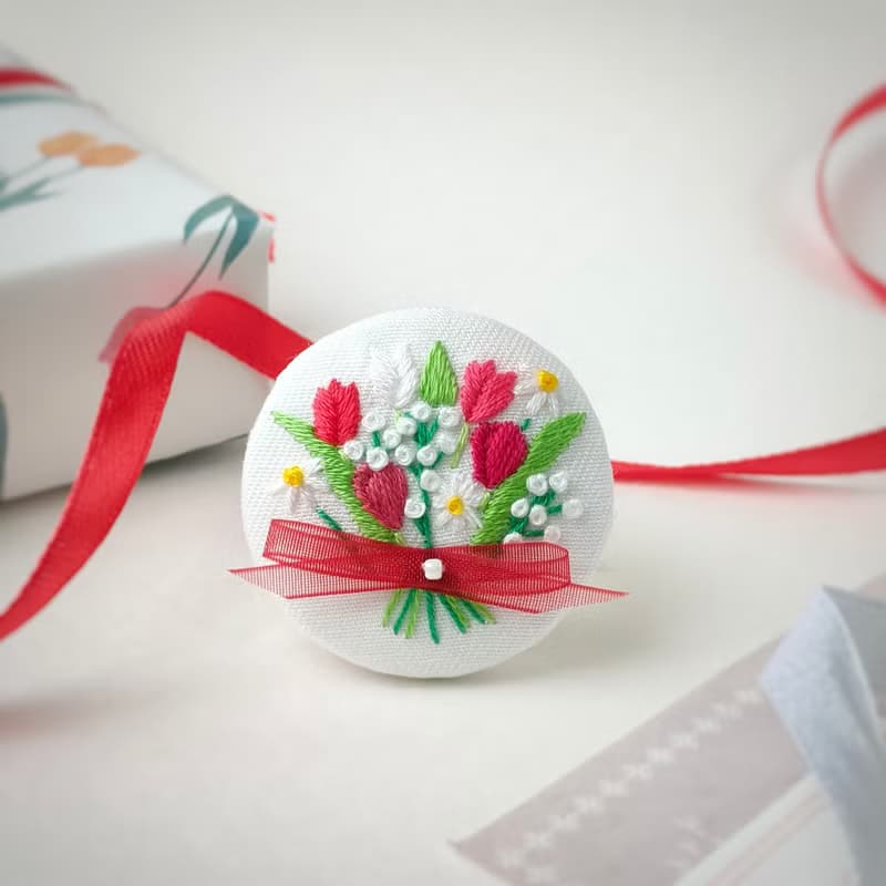 赤いチューリップ花束刺繍ブローチor刺繍ヘアゴム　母の日