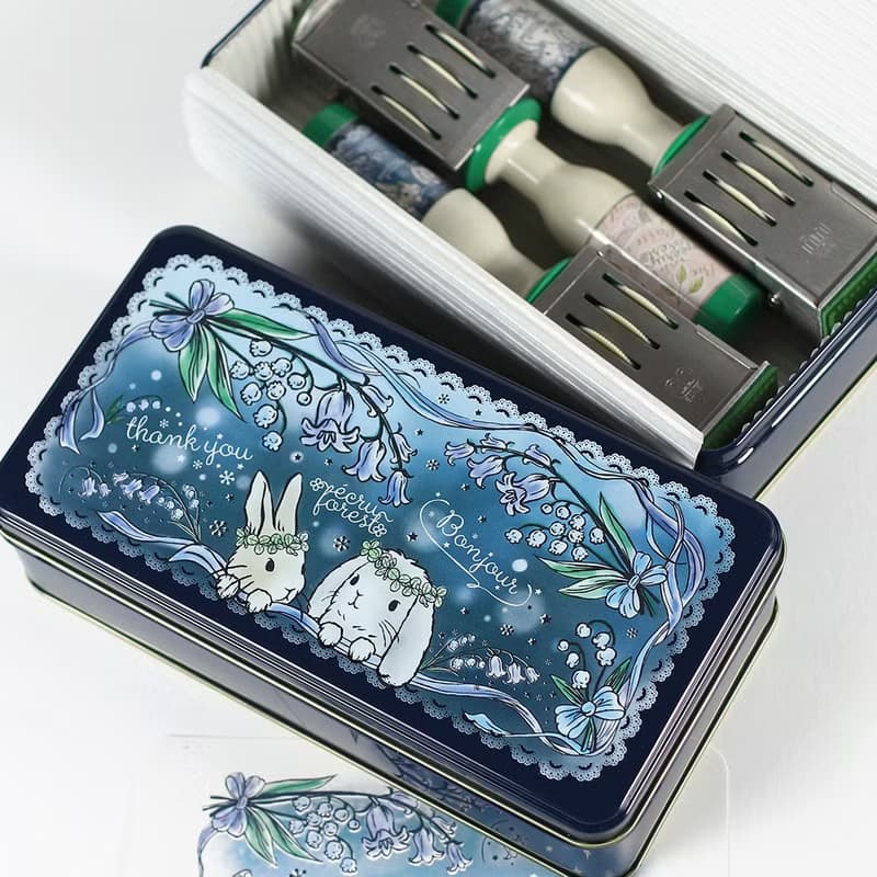 【日付回転印】切手風 手紙にも お揃い収納缶も えくりゅの森オリジナル サンビー社製　日付スタンプ 手帳メッセージカード 2人のうさぎ たれ耳たち耳