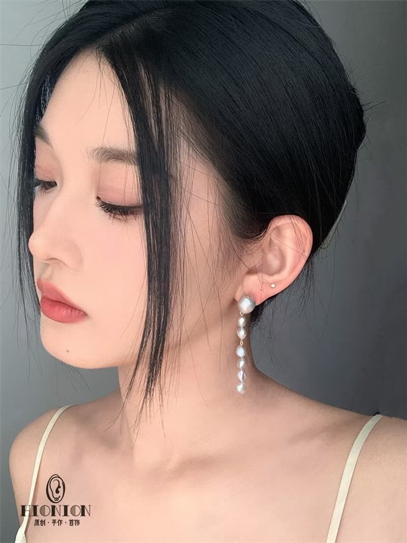 朦朧與清晰~小眾極美淡灰紫色巴洛克不對稱珍珠S925銀耳釘耳夾