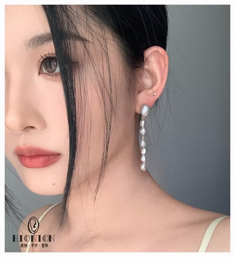 朦朧與清晰~小眾極美淡灰紫色巴洛克不對稱珍珠S925銀耳釘耳夾