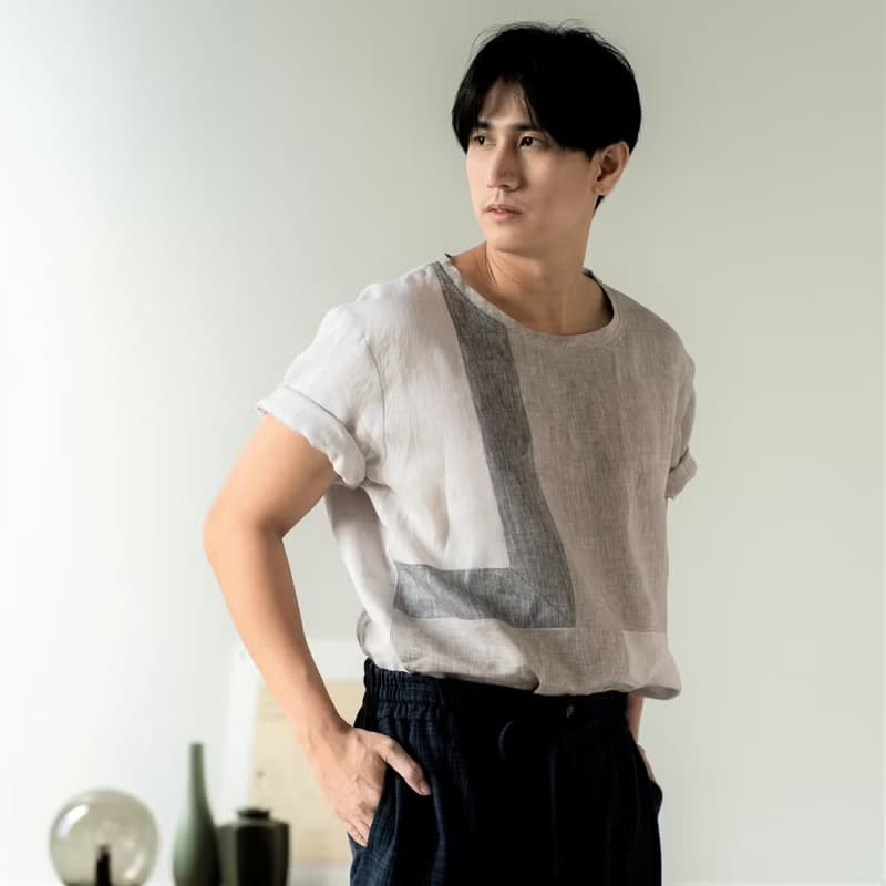 Blue & J Natural Linen Crew Neck Shirt Three Colors Block- Beige/Grey/Silver