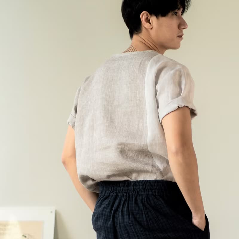 Blue & J Natural Linen Crew Neck Shirt Three Colors Block- Beige/Grey/Silver