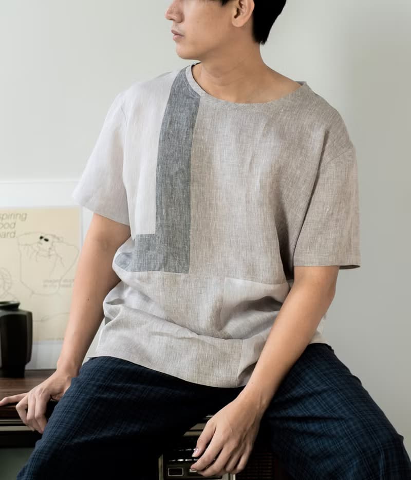 Blue & J Natural Linen Crew Neck Shirt Three Colors Block- Beige/Grey/Silver
