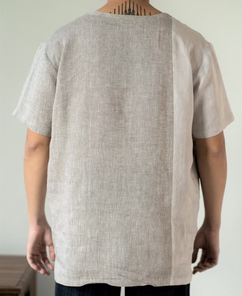 Blue & J Natural Linen Crew Neck Shirt Three Colors Block- Beige/Grey/Silver