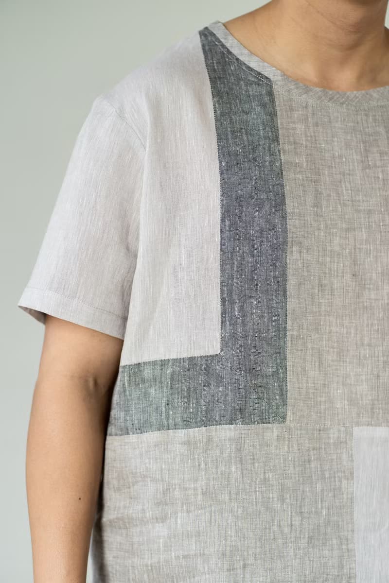 Blue & J Natural Linen Crew Neck Shirt Three Colors Block- Beige/Grey/Silver