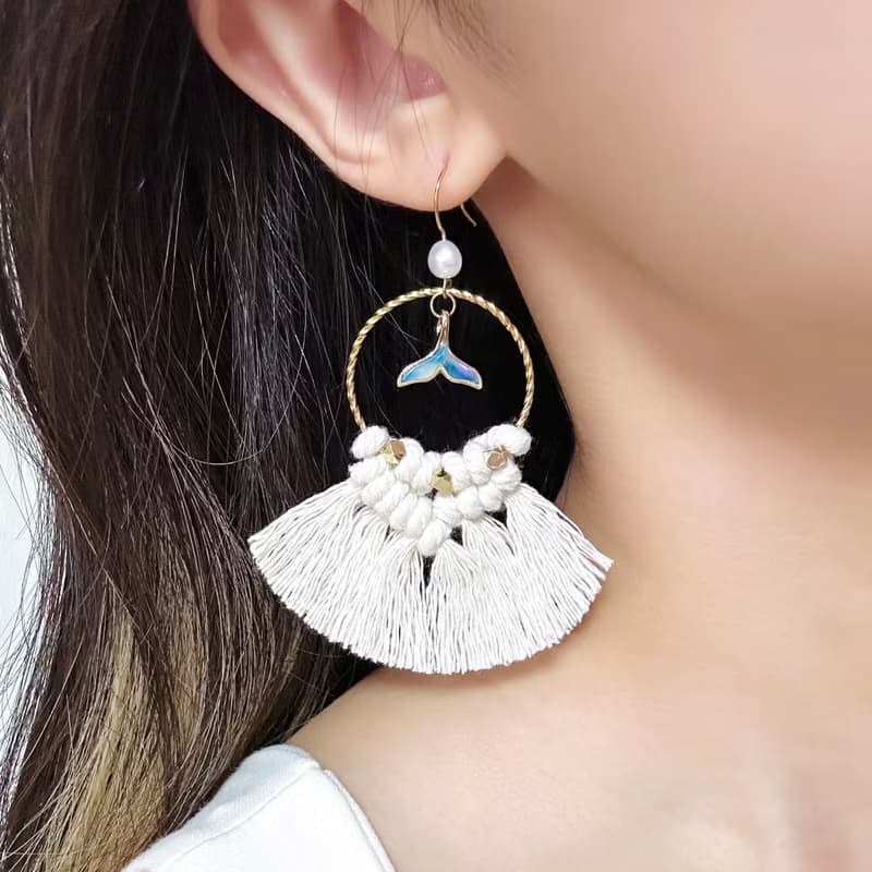 珍珠魚尾圈圈流蘇耳環 手作珍珠飾品 海洋 編織垂墜耳環 波西米亞