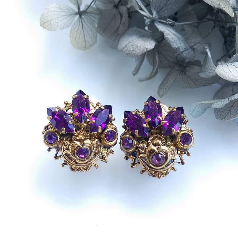 Vintage Jewelry 西洋古董飾品 西德製 優美 馬眼紫鑽 夾式耳環