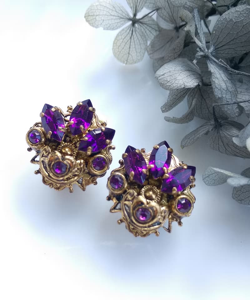 Vintage Jewelry 西洋古董飾品 西德製 優美 馬眼紫鑽 夾式耳環