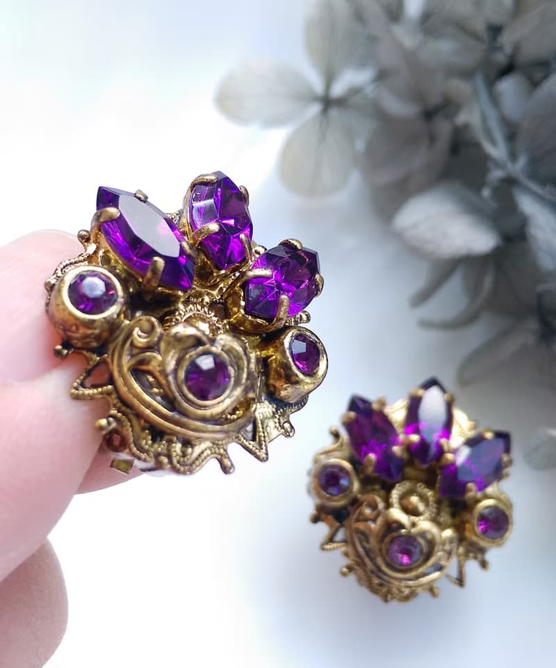 Vintage Jewelry 西洋古董飾品 西德製 優美 馬眼紫鑽 夾式耳環