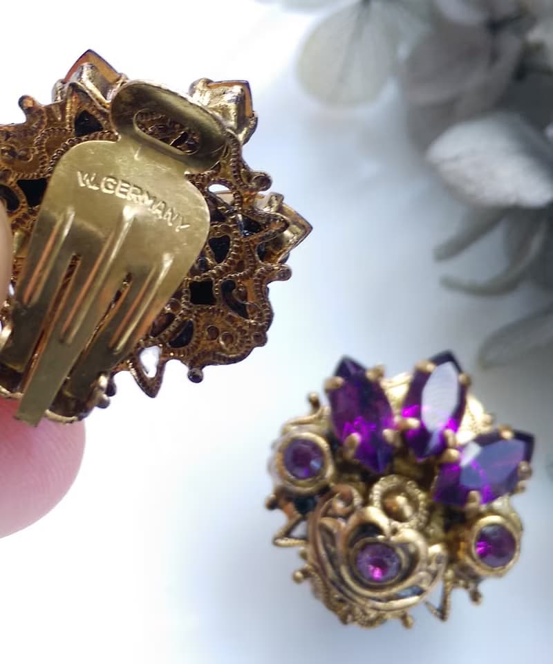 Vintage Jewelry 西洋古董飾品 西德製 優美 馬眼紫鑽 夾式耳環