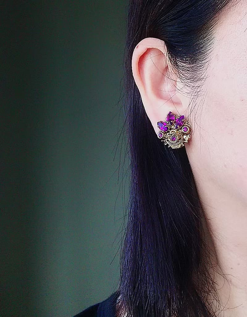 Vintage Jewelry 西洋古董飾品 西德製 優美 馬眼紫鑽 夾式耳環