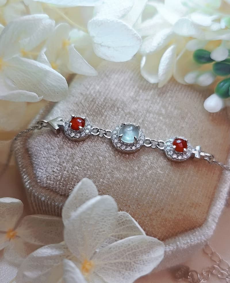 財水•幸福•好運|無燒冰紅冰玻白翡|緬甸A貨翡翠純銀手鏈