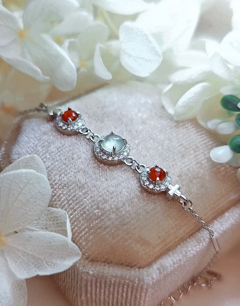 財水•幸福•好運|無燒冰紅冰玻白翡|緬甸A貨翡翠純銀手鏈