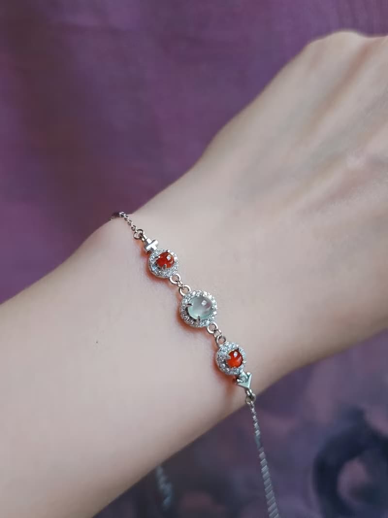 財水•幸福•好運|無燒冰紅冰玻白翡|緬甸A貨翡翠純銀手鏈