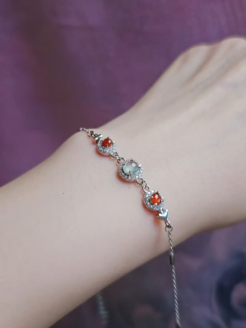 財水•幸福•好運|無燒冰紅冰玻白翡|緬甸A貨翡翠純銀手鏈