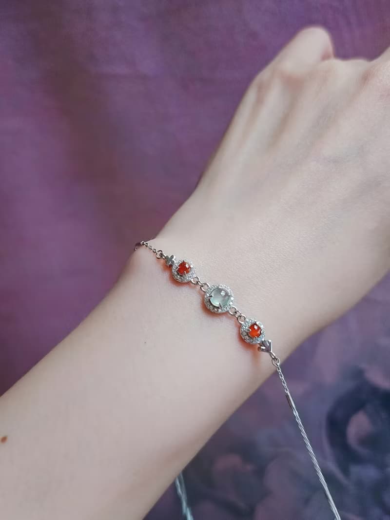 財水•幸福•好運|無燒冰紅冰玻白翡|緬甸A貨翡翠純銀手鏈