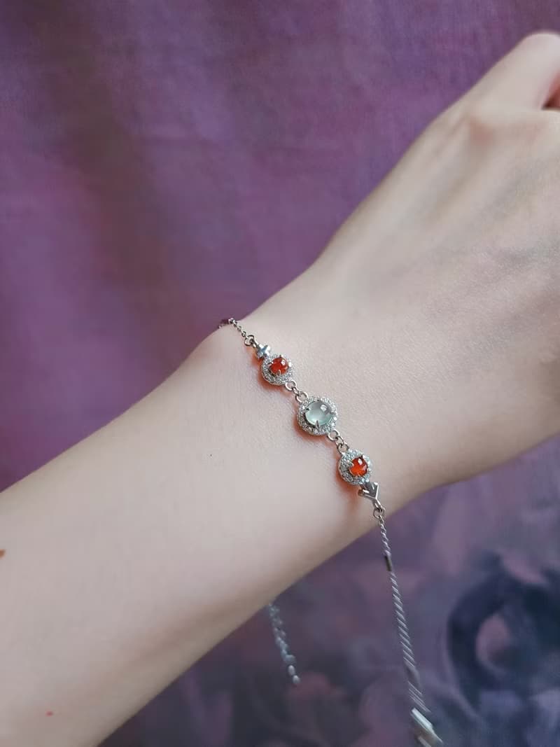 財水•幸福•好運|無燒冰紅冰玻白翡|緬甸A貨翡翠純銀手鏈