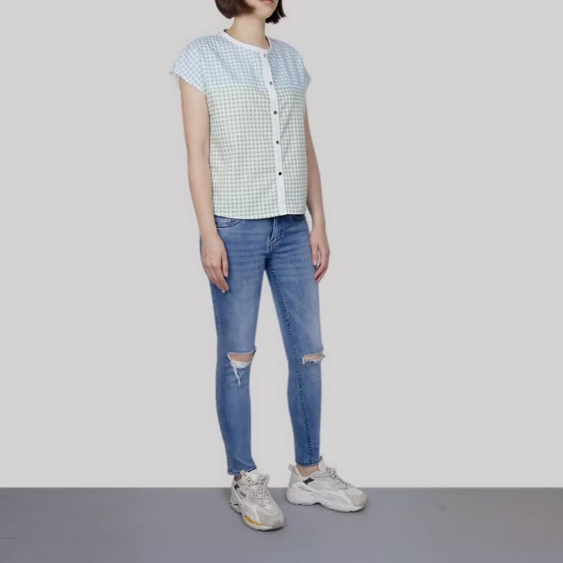 格紋拼接小蓋袖上衣