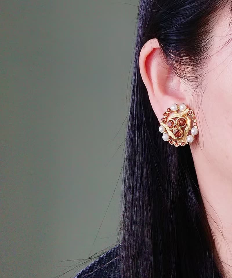 vintage jewelry  古董三稜萊茵夾式耳環