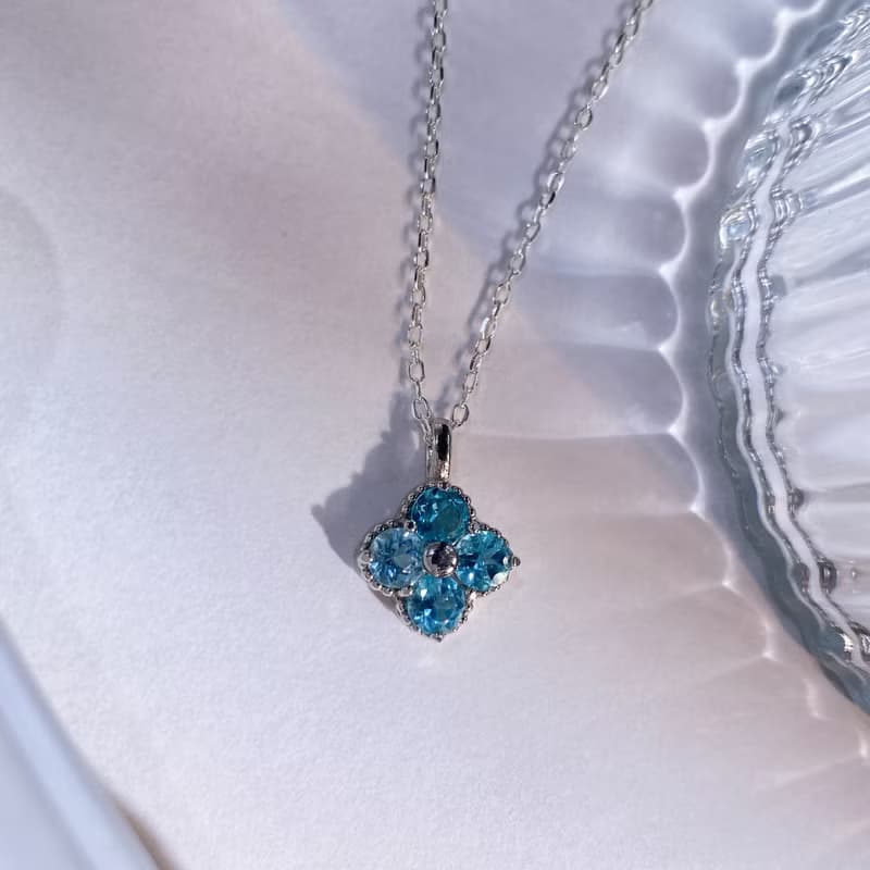 天然磷灰石   藍磷灰寶石項鍊  四葉草 設計款 純銀訂製項鍊