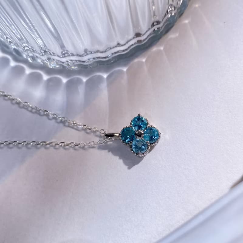 天然磷灰石   藍磷灰寶石項鍊  四葉草 設計款 純銀訂製項鍊