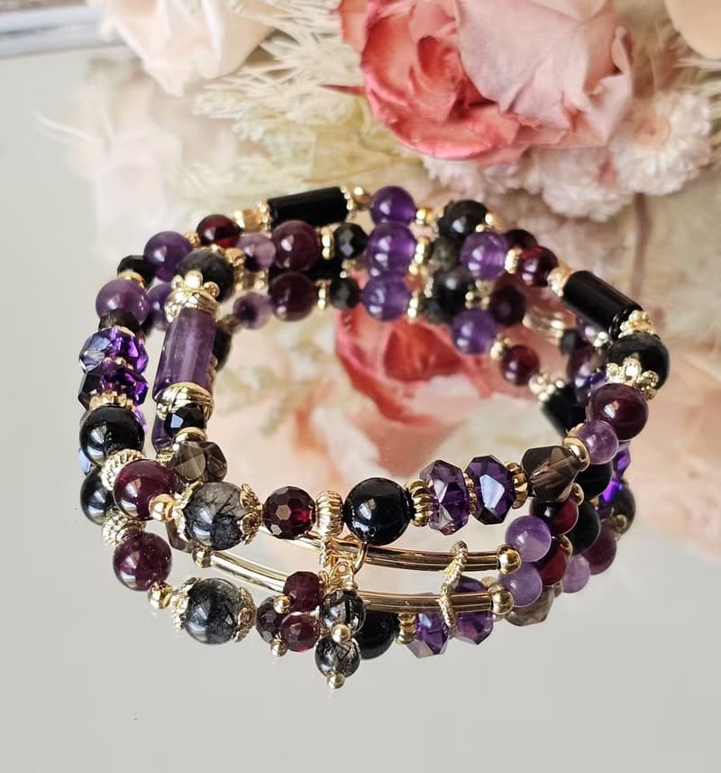 女巫的低語-雙圈水晶手鍊/黑髮晶/紅石榴/紫水晶/金運石/茶晶