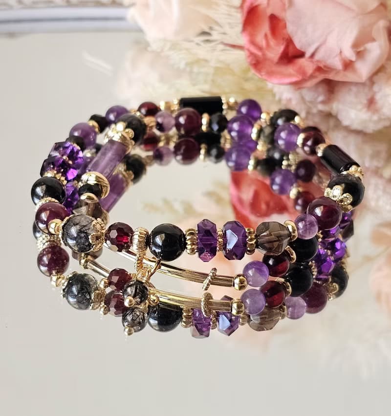 女巫的低語-雙圈水晶手鍊/黑髮晶/紅石榴/紫水晶/金運石/茶晶