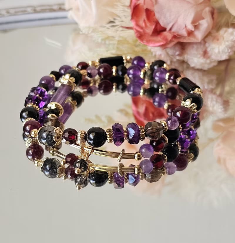 女巫的低語-雙圈水晶手鍊/黑髮晶/紅石榴/紫水晶/金運石/茶晶