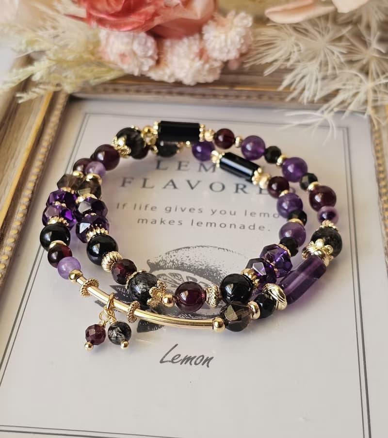 女巫的低語-雙圈水晶手鍊/黑髮晶/紅石榴/紫水晶/金運石/茶晶